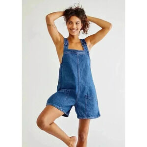 Free People EDWIN Lela Shortsuit Blue Denim Adjustable Wide Leg Festival Concert